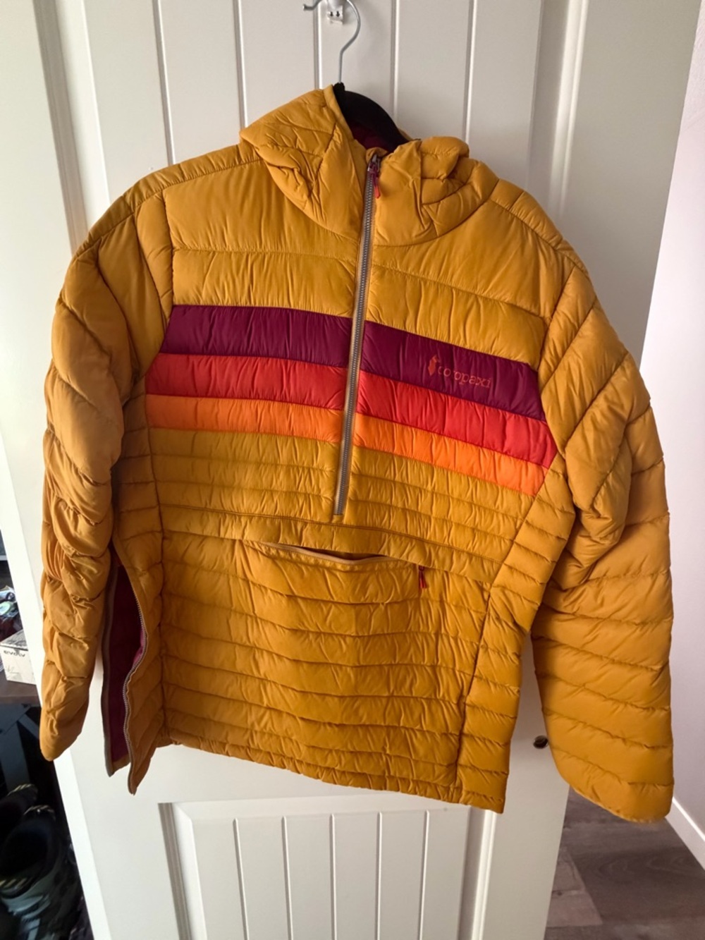 cotopaxi Mustard Yellow Pullover Puffer with Red and Orange Stripe